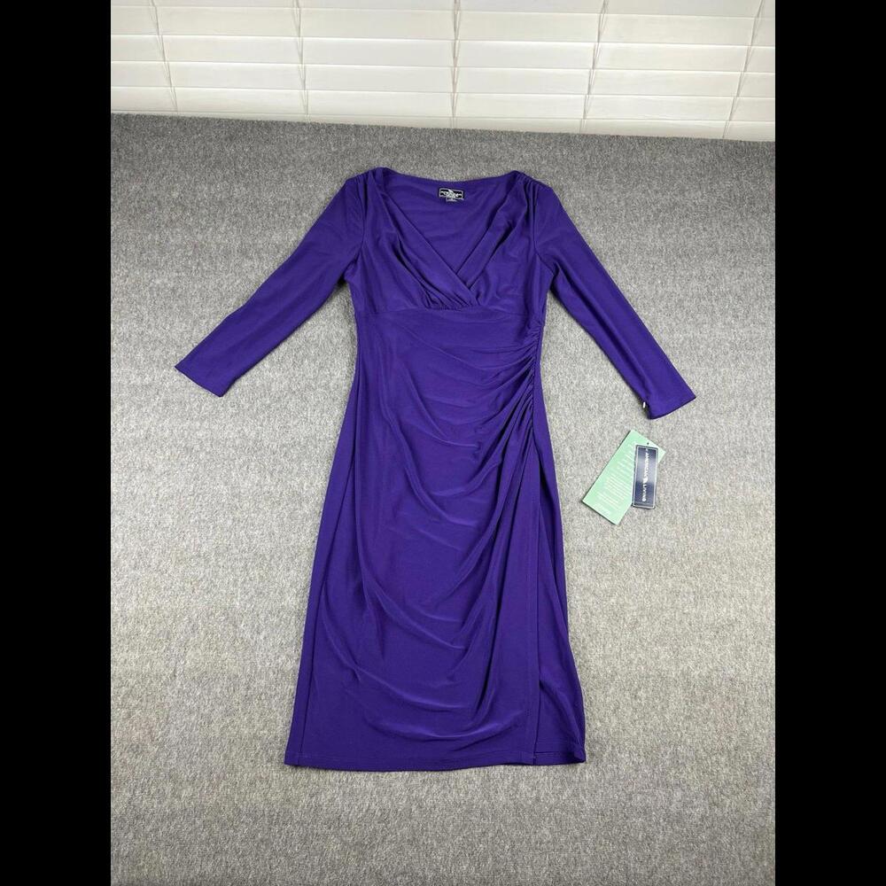American Living Dress Purple 3/4 Sleeve Under Knee Length Open Front Sz 2